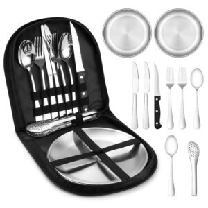 Camping Crockery Set for 2 People, 10 Pieces Portable Camping Cutlery Set Stainless Steel for Camping, Picnic, Travel