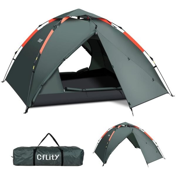 Cflity Camping Tent, 3 Person Instant Pop Up Tent, Waterproof, Three Layer Automatic Dome Tent, Large 4 Seasons Tent, Backpacking Tent with Rain-Fly 2 Expandable Porch for Camping