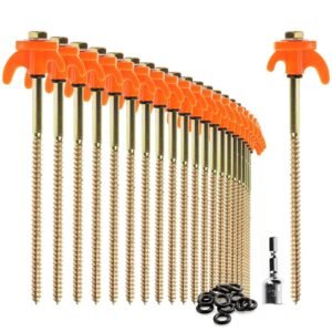 com-four® 24 x Tent Pegs - Robust Steel Pegs with Thread and Rope Holder - Rock Ground Pegs for Camping and Outdoor - Tent Hooks for Hard Floor and Wood Gold + Orange