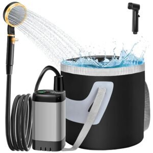 IEEILULU Portable Camping Shower, 6000 mAh Camping Shower Battery with Pump, Outdoor Mobile Showers with Temperature Display and Foldable Bucket for Pet Travel Garden Car...