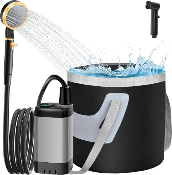 IEEILULU Tragbare Campingdusche mit 6000mAh Akku faltbarem Eimer und Temperaturanzeige perfekt für Outdoor Abenteuer