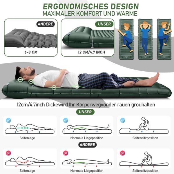 JEMULICE Isomatte Selbstaufblasend 12cm Dick Komfortable Campingmatratze mit Fußpumpe und Kissen