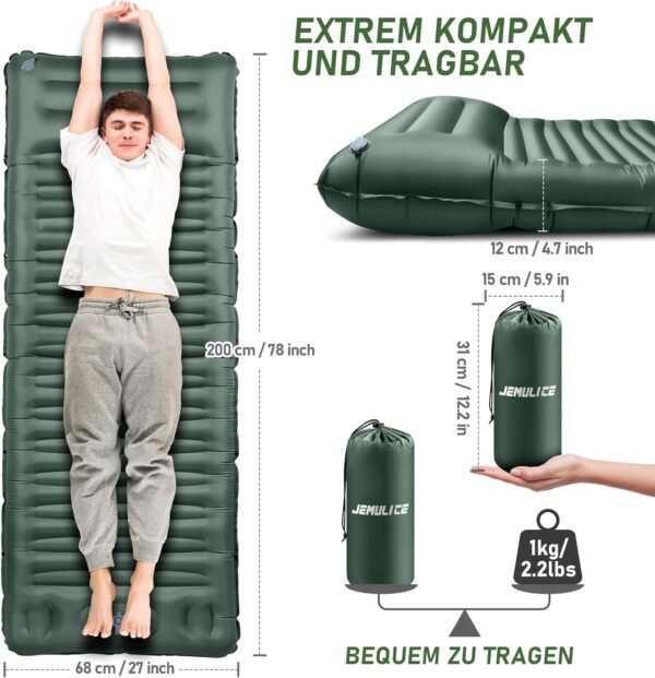 JEMULICE Isomatte Selbstaufblasend 12cm Dick Komfortable Campingmatratze mit Fußpumpe und Kissen