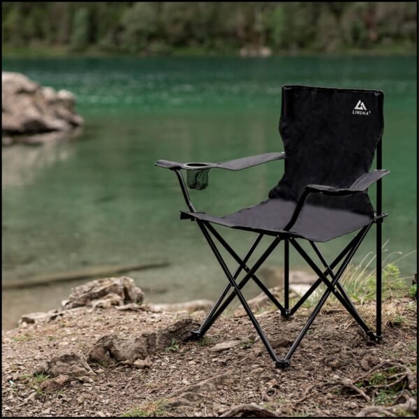 LINUMA Campingstuhl Schwarz klappbar mit Getränkehalter und gepolstertem Sitzkomfort