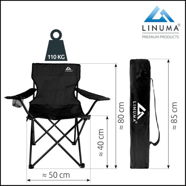 LINUMA Campingstuhl Schwarz klappbar mit Getränkehalter und gepolstertem Sitzkomfort