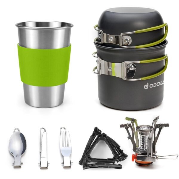 Odoland Camping Crockery Set 10-Piece Outdoor Cookware Aluminium Camping Pots Cups Foldable Cutlery Mini Camping Stove for Outdoor Picnic Hiking