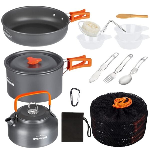 OVERMONT Camping Cookware Set, Outdoor Crockery Set, Cooking Pot Set, BBQ Tableware, Picnic Pot with Coffee Pot, Teapot, Aluminium
