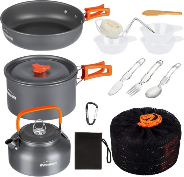 OVERMONT DS300 Camping Kochgeschirr Set 14-teilig leicht und hitzebeständig ideal