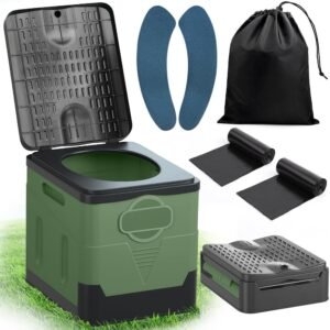SaiXuan Portable Folding Toilet Set, 25 L, Maximum Load 150 kg, 24 Bags Bin Bags, Transport Bag, Toilet Seat Cushion, Mobile Toilet for Camping, Motorhome, Hiking