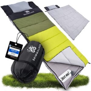 SkinWalker Schlafsack 4 Jahreszeiten Sommer & Winter [-18°C bis 15°C] Wasserfest [abnehmbare Polarfleecedecke + Kopfkissen] Outdoor Camping Festivals Deckenschlafsack Erwachsene