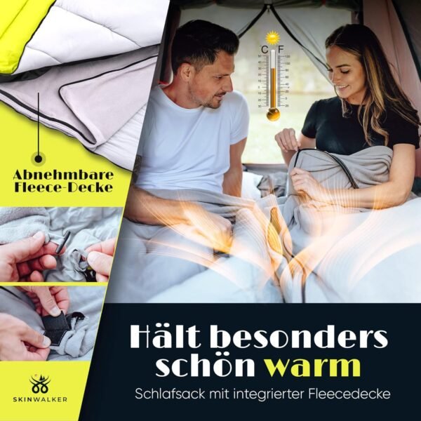 SkinWalker Schlafsack für alle Jahreszeiten mit abnehmbarer Fleecedecke und Kopfkissen