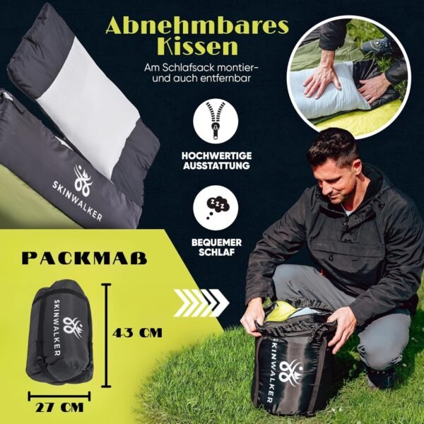 SkinWalker Schlafsack für alle Jahreszeiten mit abnehmbarer Fleecedecke und Kopfkissen
