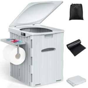 WADEO Portable Camping Toilet with Lid, 39 cm High Mobile Toilet with 12 Pieces Toilet Bags, Folding Toilet with Paper Roll Holder and Phone Tray, Ideal for Camping, Hiking,...