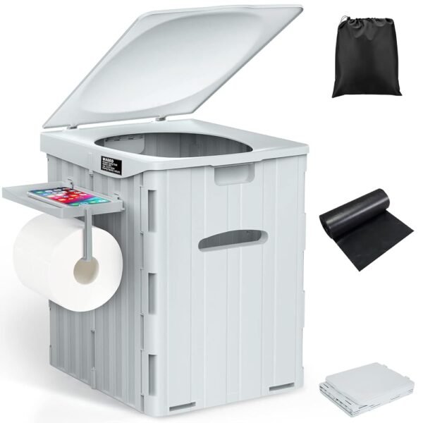 WADEO Portable Camping Toilet with Lid, 39 cm High Mobile Toilet with 12 Pieces Toilet Bags, Folding Toilet with Paper Roll Holder and Phone Tray, Ideal for Camping, Hiking,...